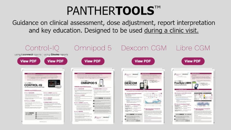 Screenshot of Panthertools guidance for Control-IQ, Omnipod 5, Dexcom CGM & Libre CGM