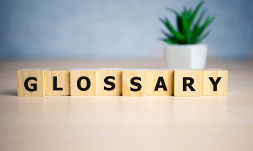 The word Glossary spelled out in wooden blocks on a tabletop with a small succulent plant behind it