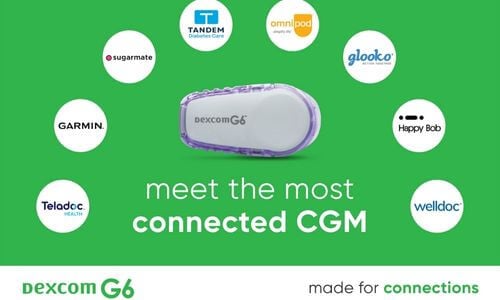 Dexcom G6, Made for Connections graphic with affiliated health care logos around it. Meet the most connected CGM.