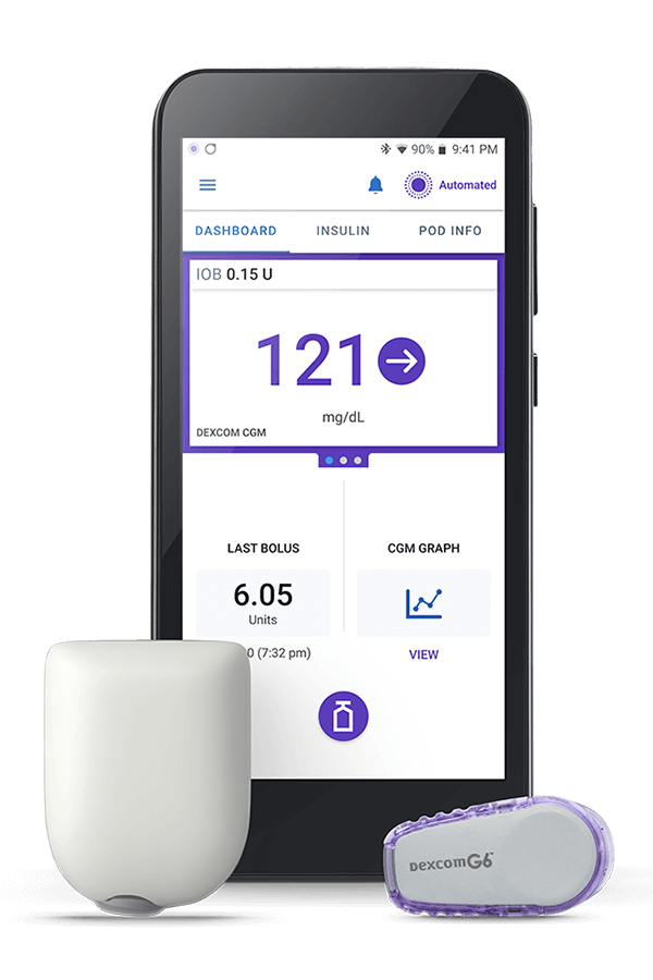 OmniPod 5 automated insulin delivery pump, smartphone app & Dexcom G6 transmitter