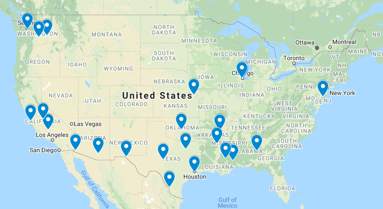 US Map of Sites with pins to represent locations. Not clickable.